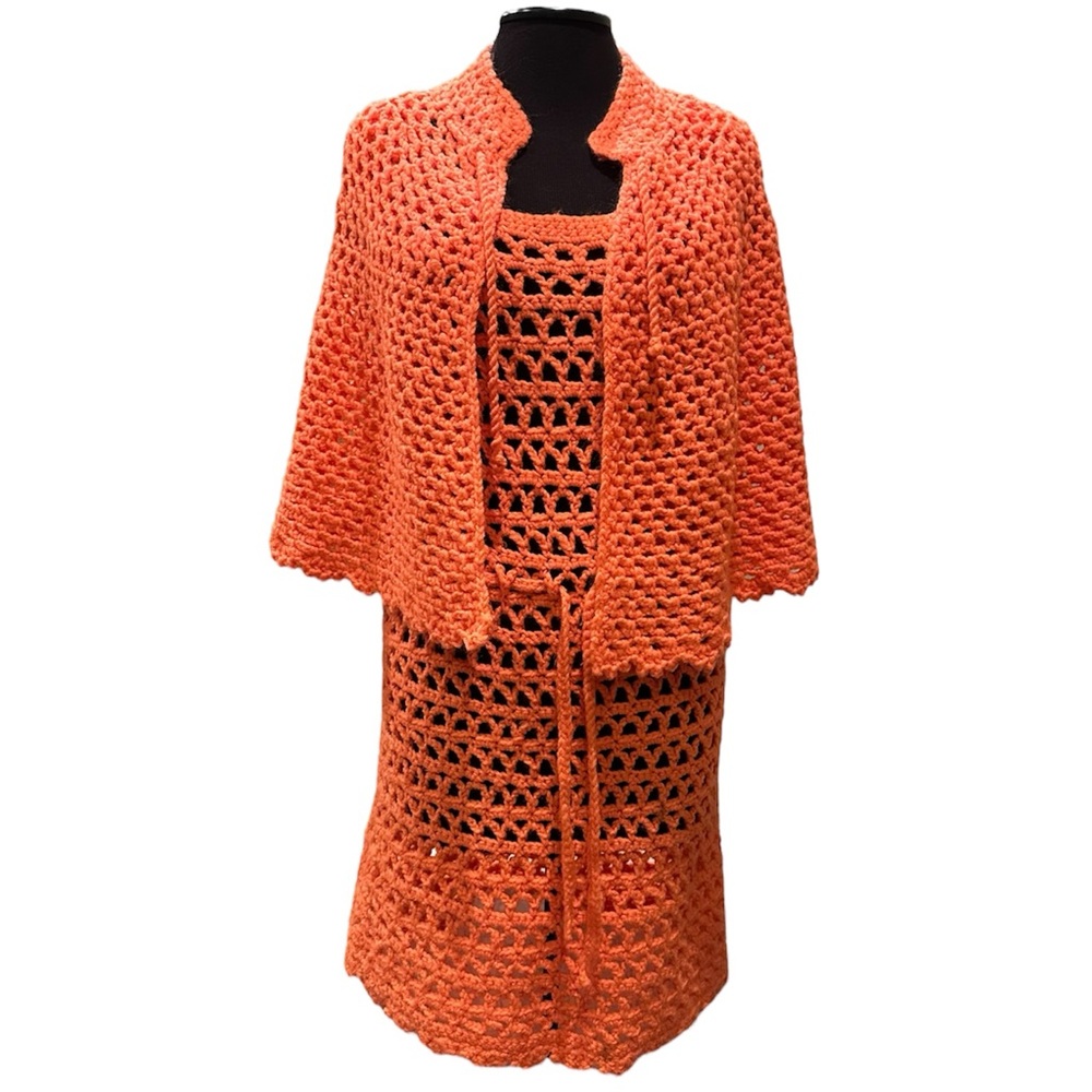Chic Vintage Orange Hand Knit Dress & Cape Set